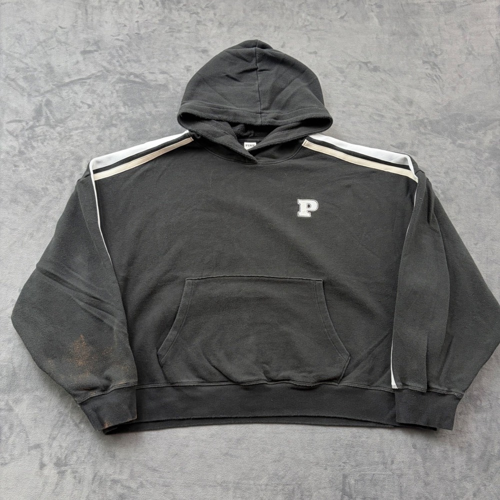 Pink Victoria's Secret Hoodie XXL Black Stripe Sleeve Crop Pullover Sweatshirt